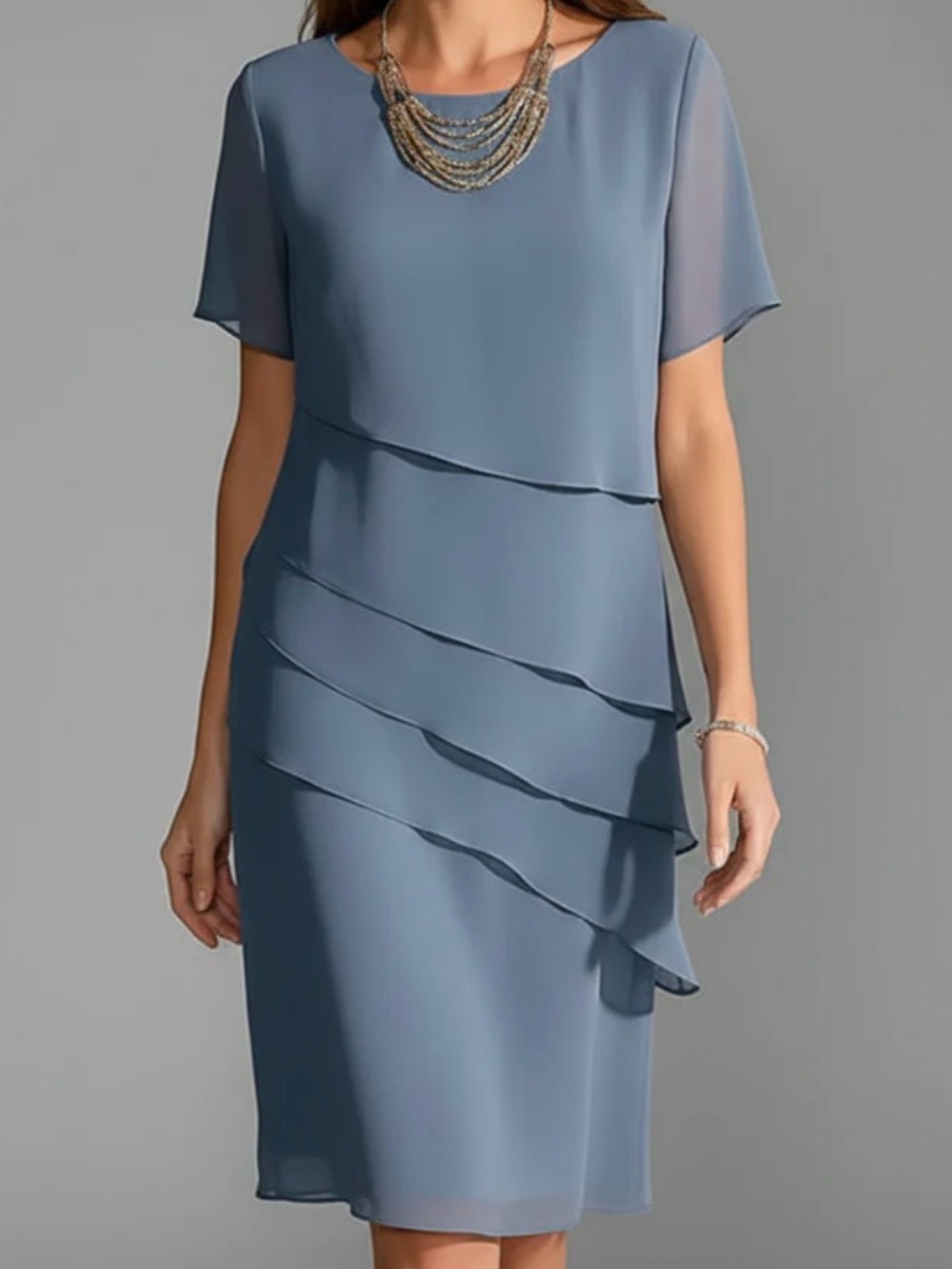 Emilia Slate Blue Layered Short Sleeve Dress Tiered Front Straight Hem LARGE NWT